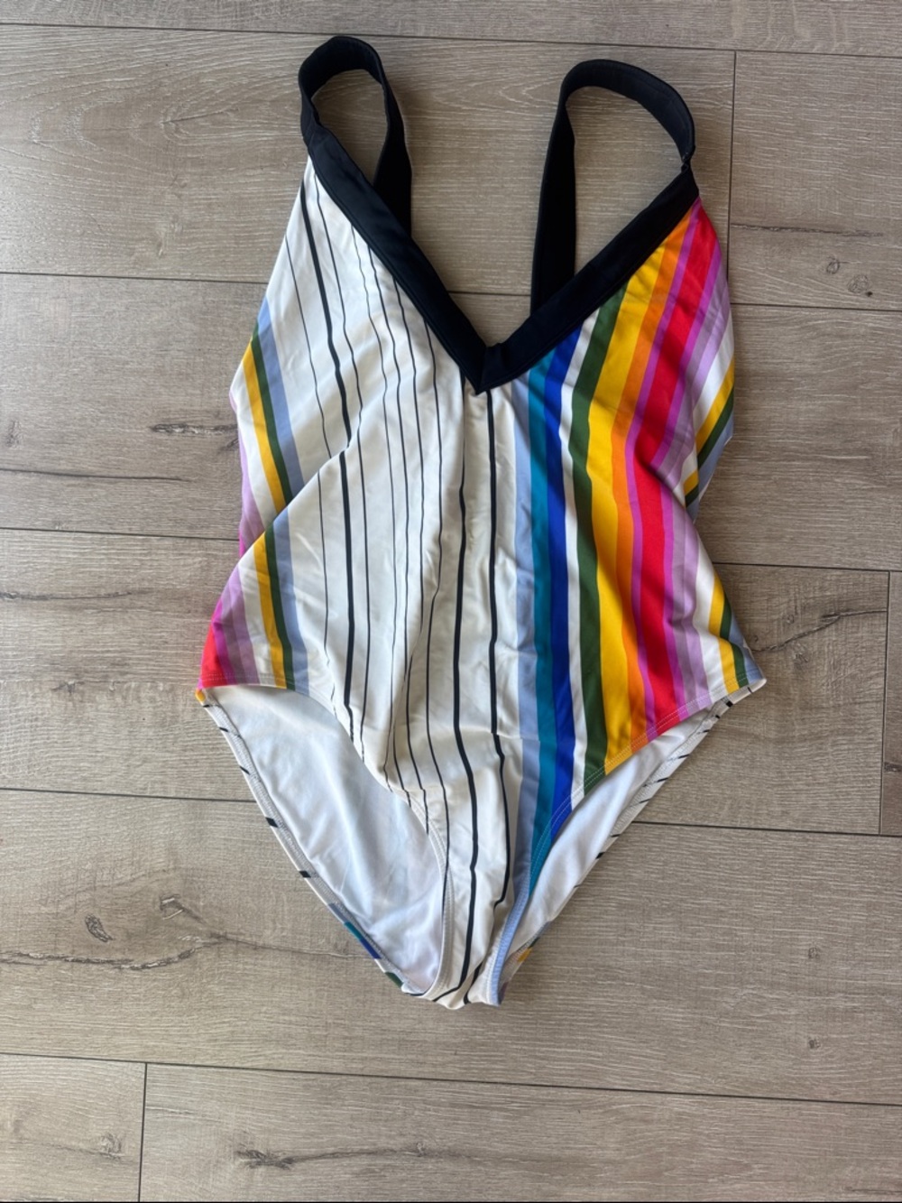 Striped V-Neck One-Piece Swimsuit with Rainbow Side Panels